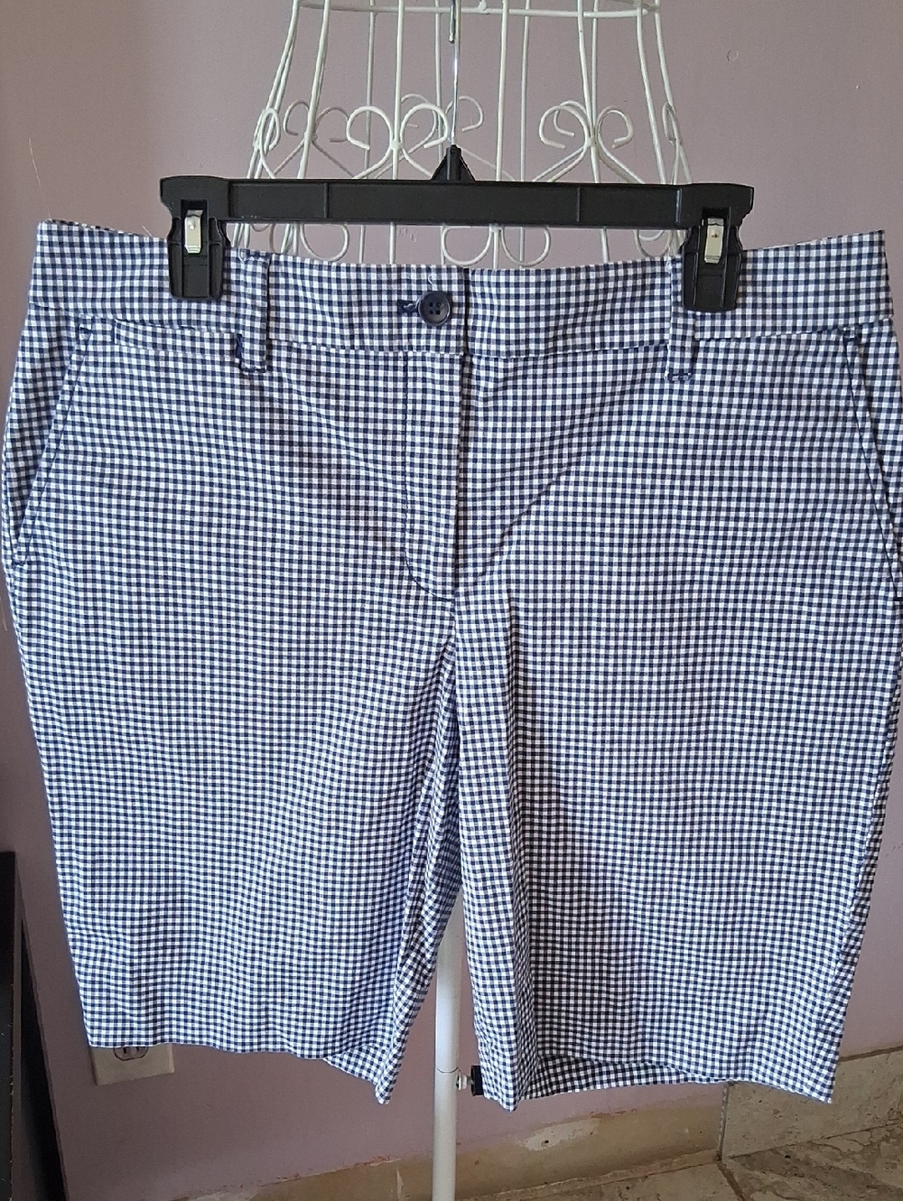 Talbots Navy & White Gingham Flat-Front Shorts